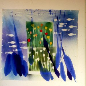 Underwater hand-painted and stenciled silk scarf